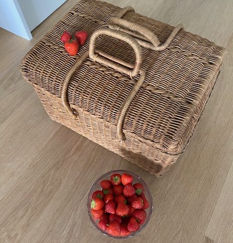 Grand panier de pique-nique en osier tressé – vintage