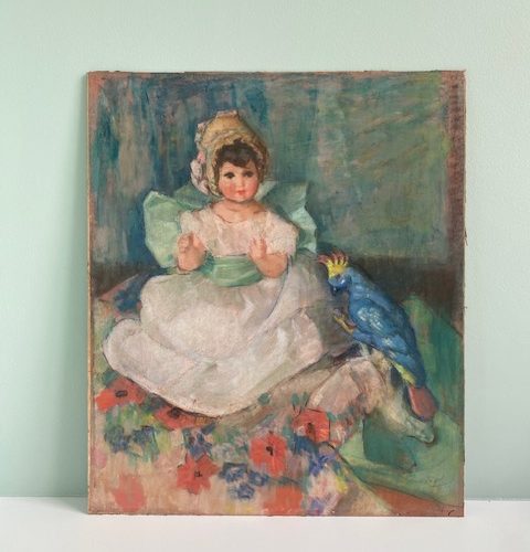 Petite fille au perroquet – pastel de Marie Ingels Pauwaert